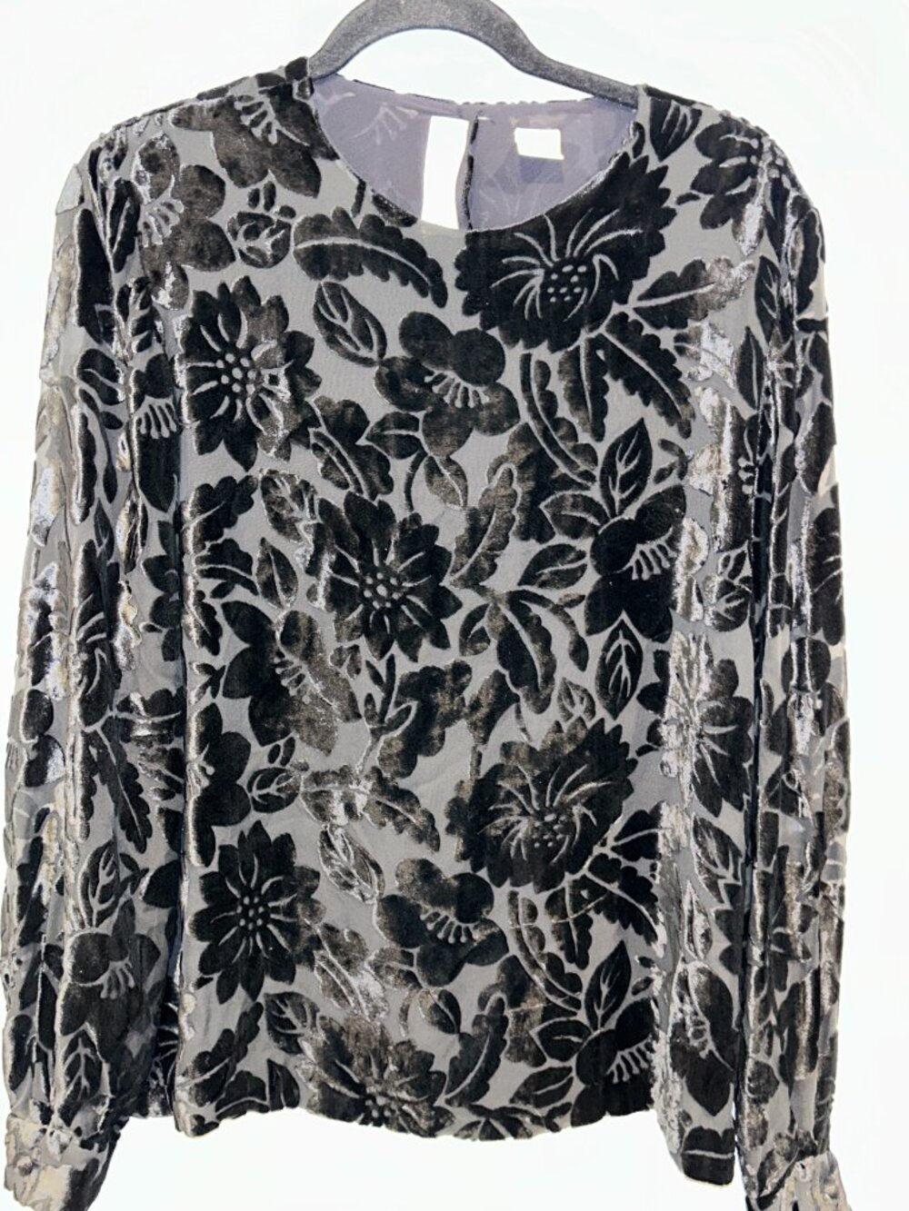 Dana Buchman Black Velvet Burnout Blouse, Sz 10, Silk Viscose